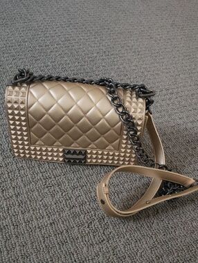 Quilted Studded Crossbody Bag in Metallic Gold